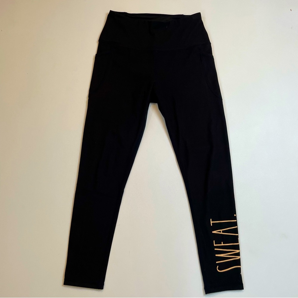 Rae Dunn Womens Performance Sweat Logo Leggings Size M Pockets